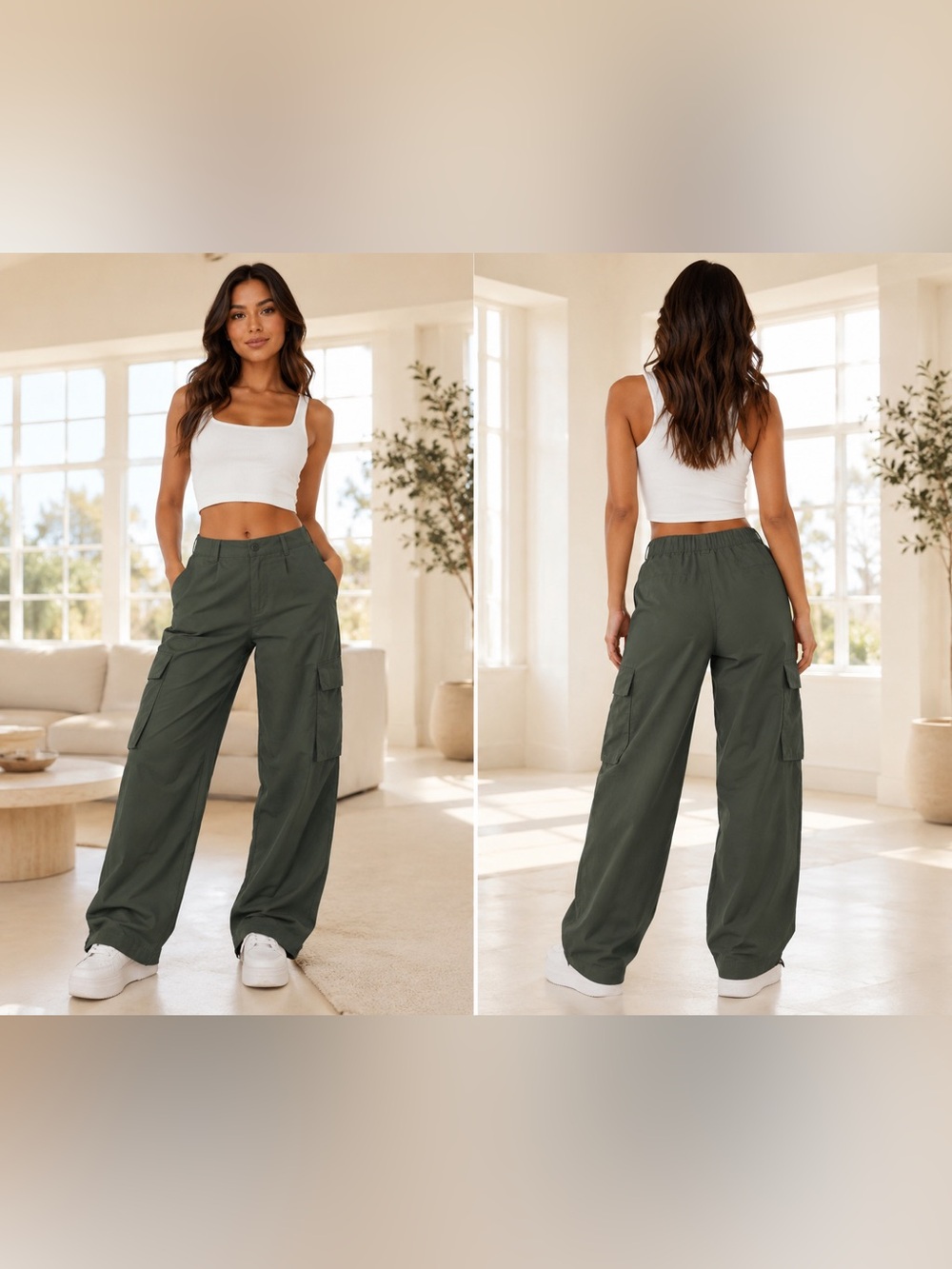 Y2K Style Women's Olive Cargo/Parachute Wide-Leg Pants EUC